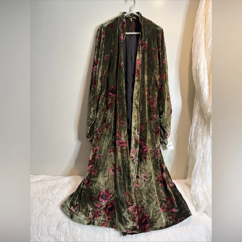 FREE PEOPLE Printed Dhalia Velvet Duster Ruched Tassels Sleeve Longline Jacket M - Picture 2 of 7